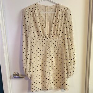 Urban Outfitters “Willow” Plunging Dot Dress | Sheer Sleeves, Button Front (S)